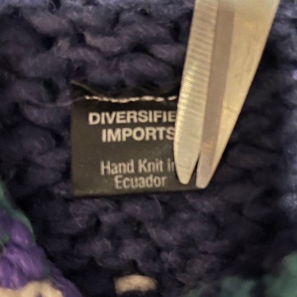 vintage hand-knit chunky wool cardigan sweater Fair Isle pattern blue teal - Picture 2 of 15